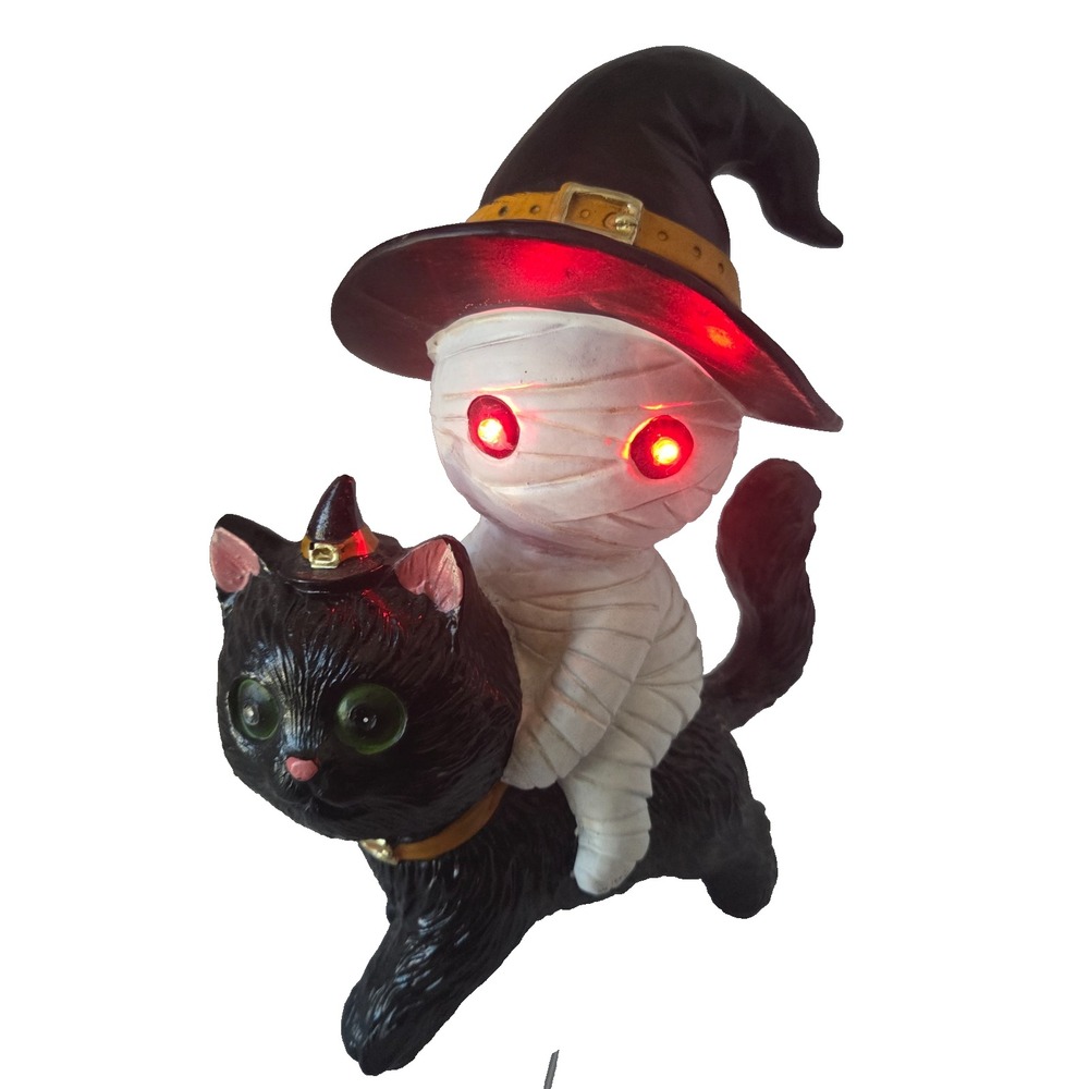 Mummy Black Cat Figurine 10 Inch LED Light Up Eyes Witch Halloween Decor
